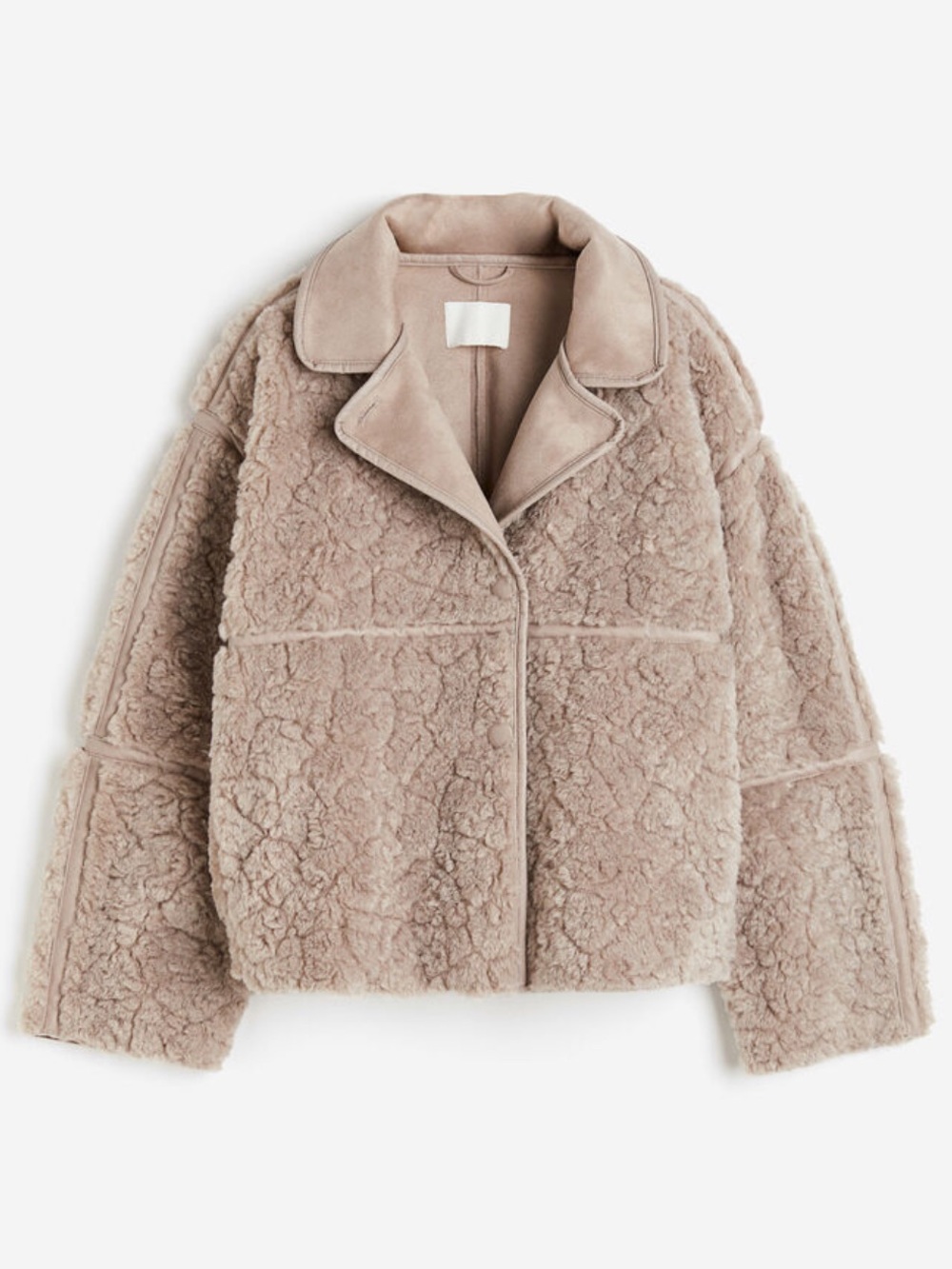 H&M Teddy Fleece Jacket Beige Vegan Faux Leather Accents Womans Size Small